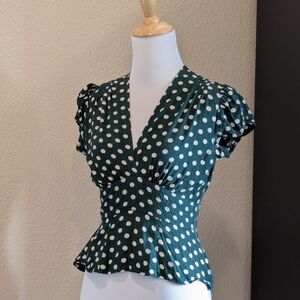 Trashy Diva Green Polka Dot Peplum Top XS Puff Sleeve Side Zip